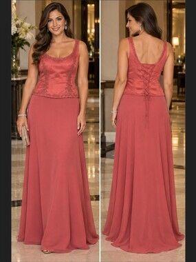Michaelangelo Coral Pink Beaded Scoop-Neck Maxi Dress